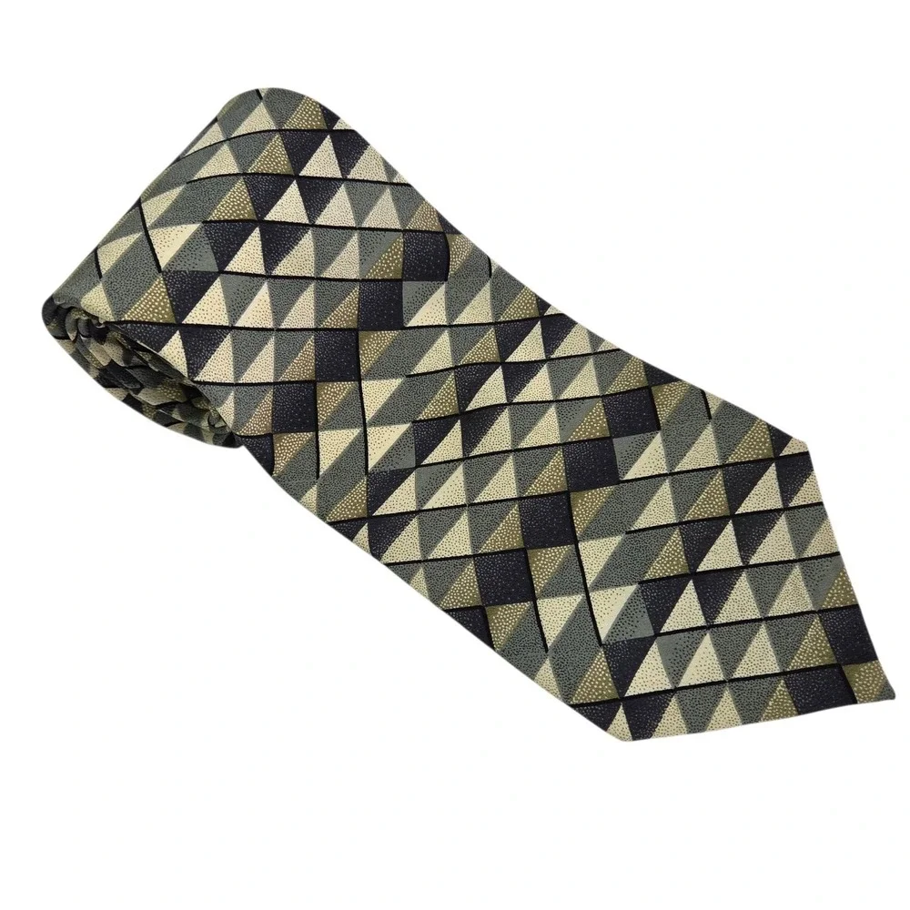 JHane Barnes‎ Geometric Necktie Green Beige Pattern Mens Silk Tie Business Japan